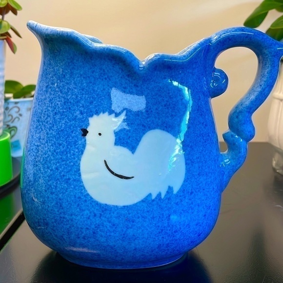 𝅺vintage Calico China, Blue Pitcher with rooster motif, 6 1/2 inches tall - Picture 1 of 3